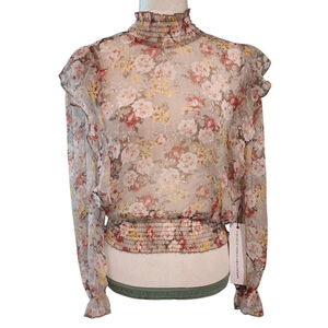L.I.F.E. Shirring Sheer Floral Print Blouse High Neck Puff Sleeve Women's M NWT